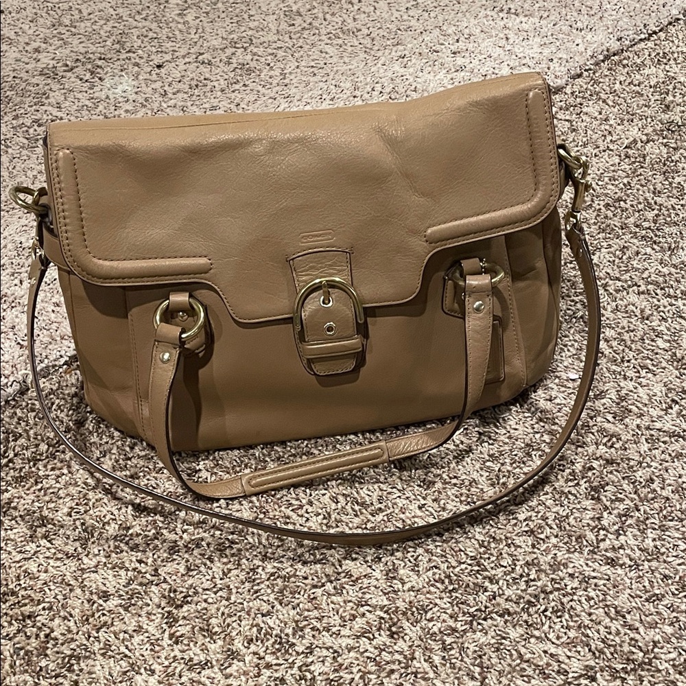 Tan Coach bag with gold hardware